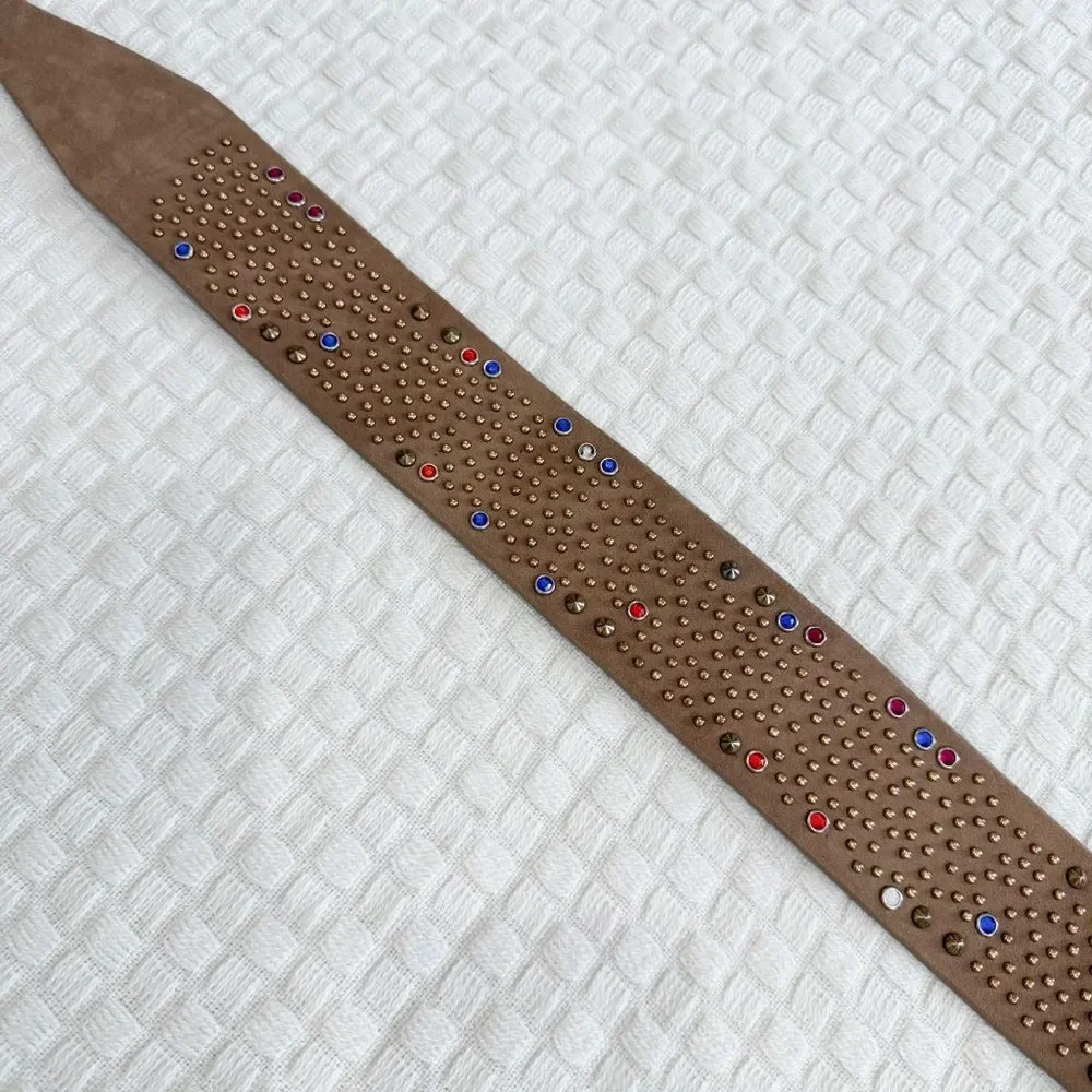 NEW Wide Vegan Leather Belt with Colorful and Metallic Studs Tan Khaki